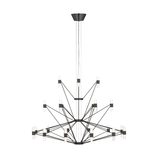 The Lassell XL Chandelier combines delicate natural brass arms with laser-etched crystal tubes in a three-tier design. Its oversized scale and minimalist aesthetic make it perfect for grand spaces requiring dramatic focal points.