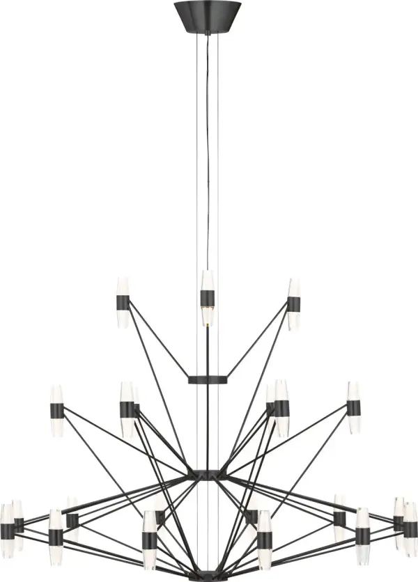 The Lassell XL Chandelier combines delicate natural brass arms with laser-etched crystal tubes in a three-tier design. Its oversized scale and minimalist aesthetic make it perfect for grand spaces requiring dramatic focal points. - alternate view