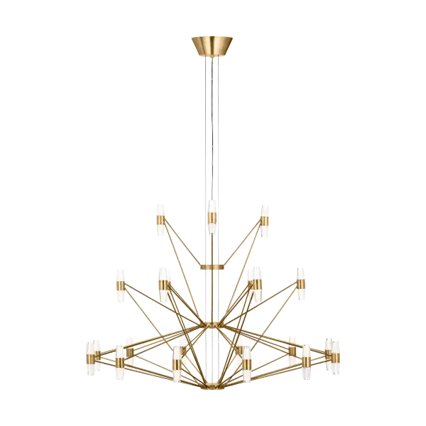 The Lassell Three Tier XL Chandelier combines delicate natural brass arms with laser-etched crystal tubes for a breathtaking focal point. Its oversized scale and minimalist design make it perfect for grand spaces requiring dramatic lighting.
