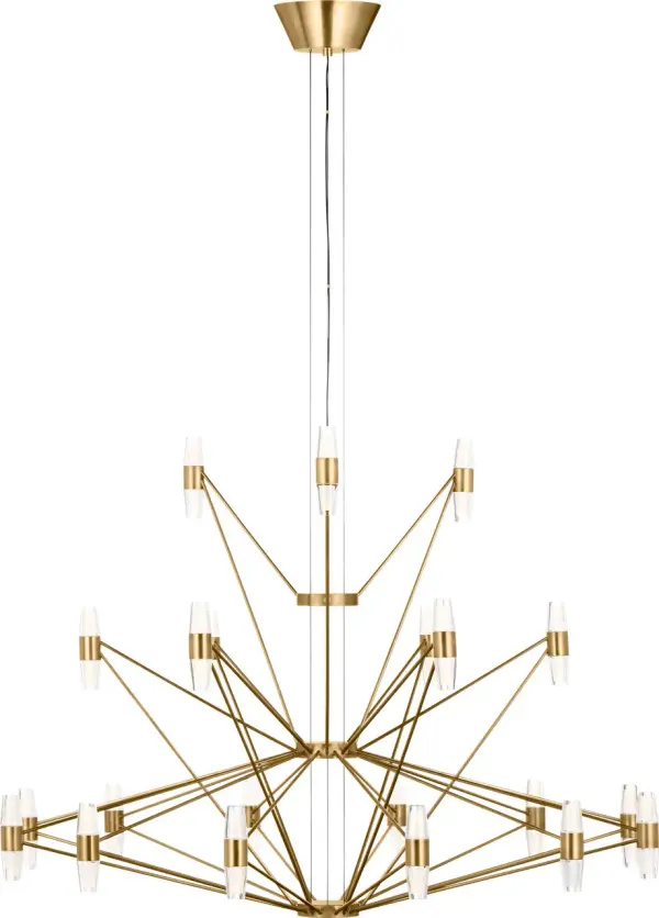 The Lassell Three Tier XL Chandelier combines delicate natural brass arms with laser-etched crystal tubes for a breathtaking focal point. Its oversized scale and minimalist design make it perfect for grand spaces requiring dramatic lighting. - alternate view