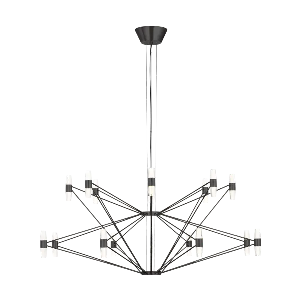The Lassell XL Chandelier combines minimalist design with luxurious materials—laser-etched crystal tubes and natural brass arms create a sophisticated focal point. Its oversized scale and two-tier design make it perfect for grand spaces.