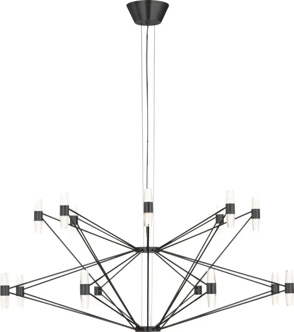 The Lassell XL Chandelier combines minimalist design with luxurious materials—laser-etched crystal tubes and natural brass arms create a sophisticated focal point. Its oversized scale and two-tier design make it perfect for grand spaces. - alternate view