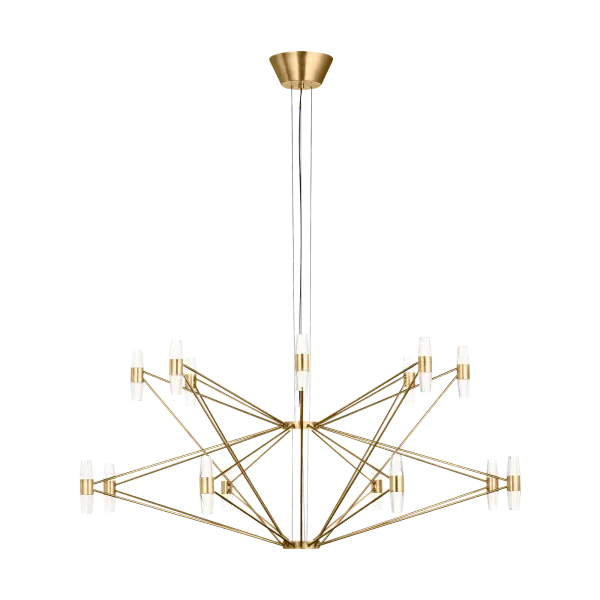 The Lassell Two Tier X-Large Chandelier combines delicate natural brass arms with laser-etched crystal tubes for a sophisticated modern aesthetic. Its oversized scale and minimalist design make it perfect for grand spaces.