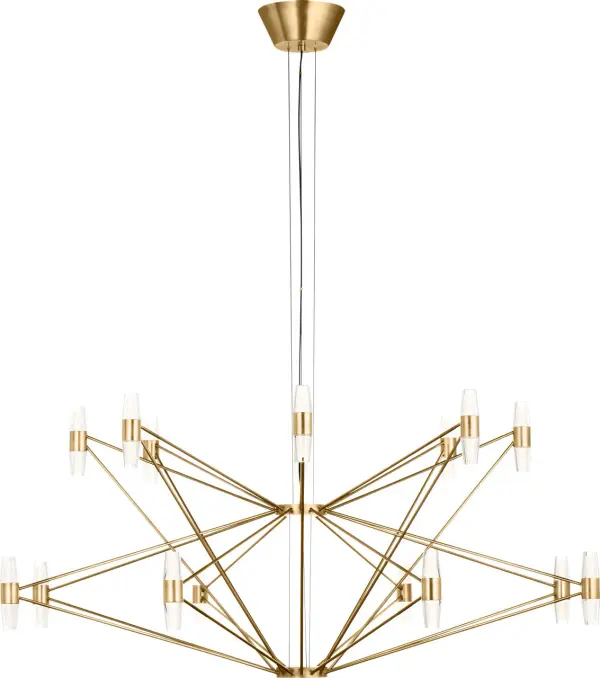 The Lassell Two Tier X-Large Chandelier combines delicate natural brass arms with laser-etched crystal tubes for a sophisticated modern aesthetic. Its oversized scale and minimalist design make it perfect for grand spaces. - alternate view