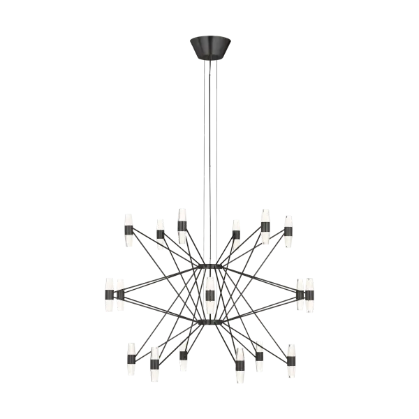 The Lassell XL Chandelier combines delicate brass arms with laser-etched crystal tubes for a sophisticated focal point. Its three-tier design and oversized scale make it perfect for grand spaces requiring dramatic lighting.