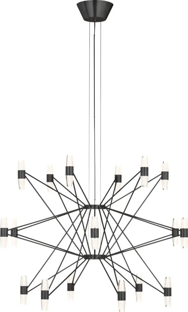 The Lassell XL Chandelier combines delicate brass arms with laser-etched crystal tubes for a sophisticated focal point. Its three-tier design and oversized scale make it perfect for grand spaces requiring dramatic lighting. - alternate view
