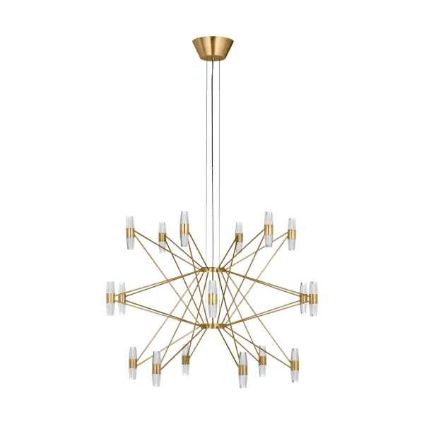 The Lassell Three Tier X-Large Chandelier combines delicate natural brass arms with laser-etched crystal tubes for a breathtaking focal point. Its oversized scale and minimalist design make it perfect for grand spaces requiring dramatic lighting.