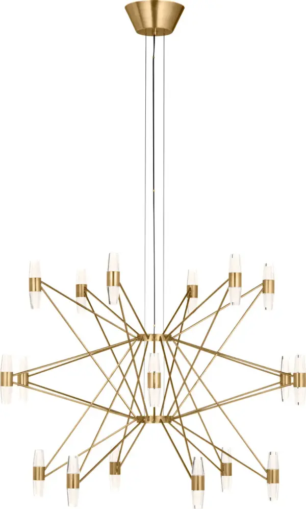 The Lassell Three Tier X-Large Chandelier combines delicate natural brass arms with laser-etched crystal tubes for a breathtaking focal point. Its oversized scale and minimalist design make it perfect for grand spaces requiring dramatic lighting. - alternate view