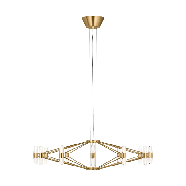 The Lassell Large Chandelier combines delicate natural brass arms with laser-etched crystal tubes for a sophisticated modern aesthetic. Its oversized scale and minimalist design make it perfect for grand spaces requiring dramatic focal points.