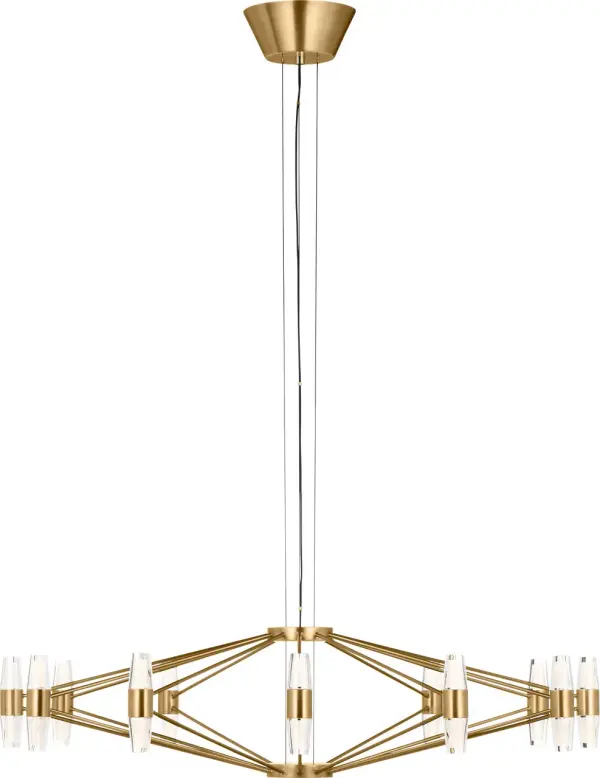 The Lassell Large Chandelier combines delicate natural brass arms with laser-etched crystal tubes for a sophisticated modern aesthetic. Its oversized scale and minimalist design make it perfect for grand spaces requiring dramatic focal points. - alternate view