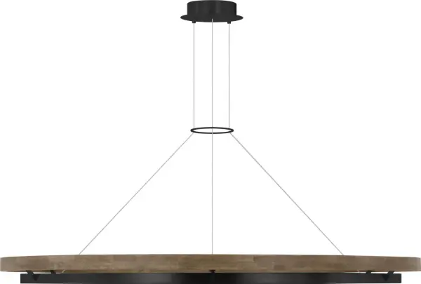 The Grace 65 Chandelier makes a bold statement with its impressive scale and sophisticated material pairing. Matte black metal framework contrasts beautifully with weathered oak wood accents, creating visual interest while the 3000K LED delivers warm, inviting illumination with exceptional 90 CRI color rendering. - alternate view