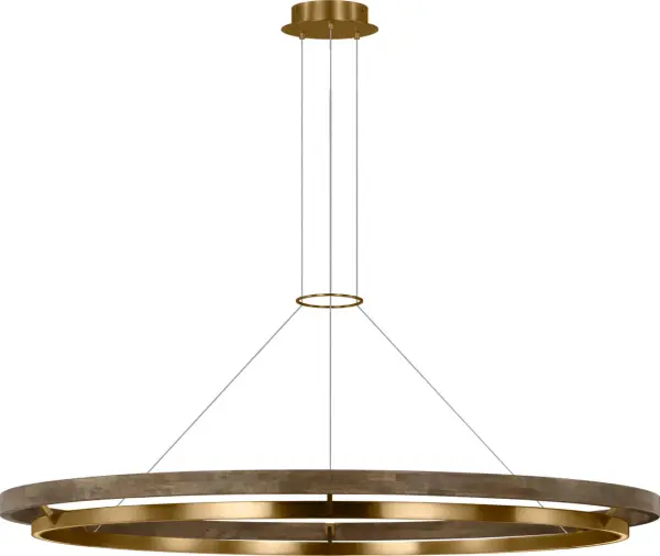 The Grace 65 Chandelier makes a bold architectural statement with its 65-inch scale, combining the warmth of natural brass with weathered oak accents. High-quality 3000K LED with 90 CRI ensures beautiful, accurate color rendering.
