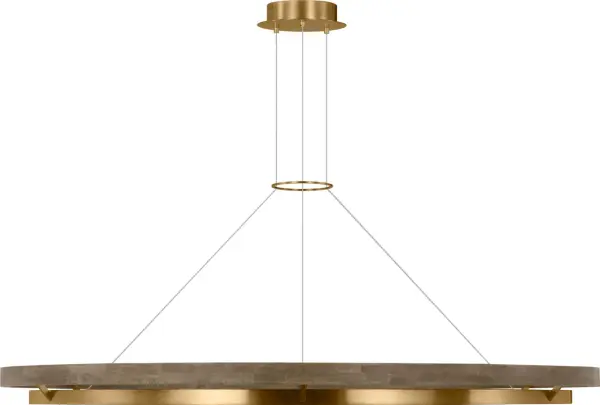 The Grace 65 Chandelier makes a bold architectural statement with its 65-inch scale, combining the warmth of natural brass with weathered oak accents. High-quality 3000K LED with 90 CRI ensures beautiful, accurate color rendering. - alternate view