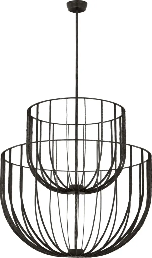 The Sanchi Large Two Tier Chandelier combines architectural presence with refined industrial styling. Its aged iron finish and substantial scale create a commanding focal point perfect for grand spaces. - alternate view
