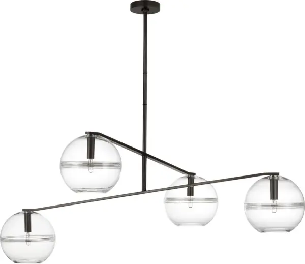 The Lowing Medium Chandelier redefines modern lighting with its deconstructed design featuring spherical glass orbs suspended from a sleek central hub. Each handcrafted orb showcases interior glass banding for dimensional visual interest.