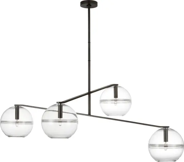 The Lowing Medium Chandelier redefines modern lighting with its deconstructed design featuring spherical glass orbs suspended from a sleek central hub. Each handcrafted orb showcases interior glass banding for dimensional visual interest. - alternate view