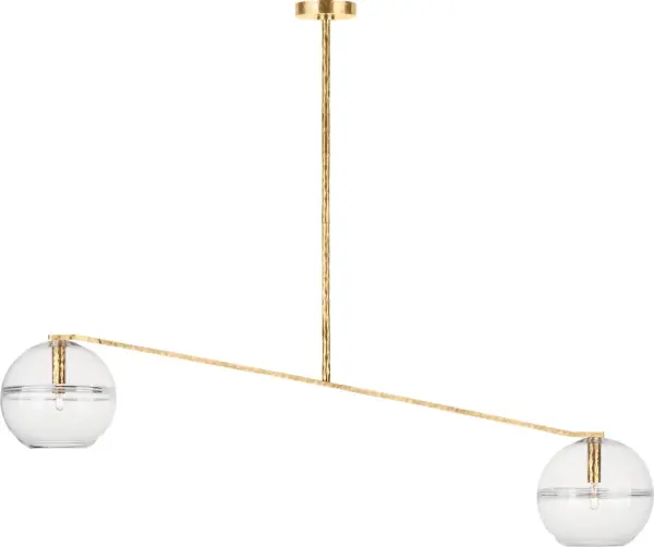 The Lowing Medium Wide Chandelier combines transitional elegance with modern functionality. Its polished antique brass finish and clear glass shades create a sophisticated focal point, while integrated LED technology provides warm, energy-efficient illumination. - alternate view