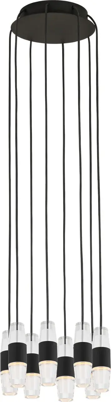 The Lassell 8-light chandelier combines minimalist design with luxurious materials—laser-etched crystal tubes and natural brass arms create a stunning focal point. Quick-connect installation and field-adjustable cables offer exceptional versatility. - alternate view