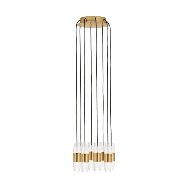 The Lassell Short brings modern minimalist design to life with 8 laser-etched crystal tubes suspended from delicate natural brass arms. Its oversized scale and blown glass elements create a dramatic focal point perfect for contemporary spaces. - alternate view