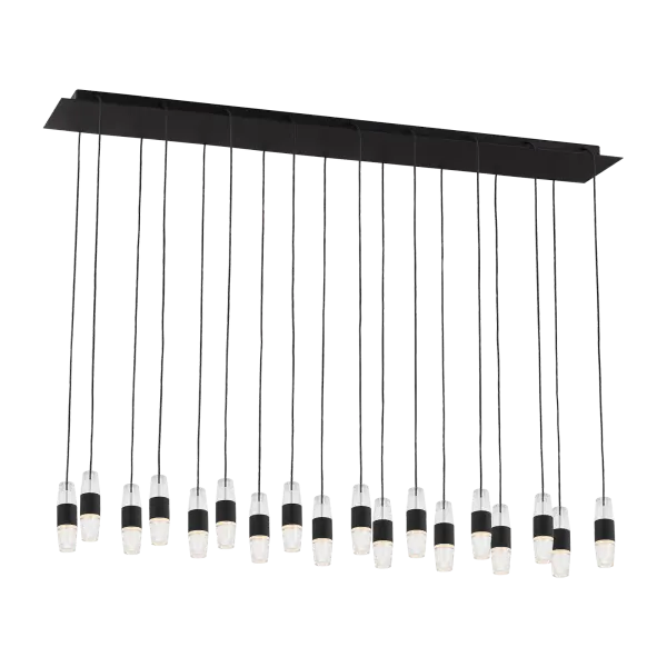 The Lassell 18-light chandelier combines minimalist design with luxurious materials. Featuring laser-etched crystal tubes and natural brass arms radiating from a central hub, this oversized fixture delivers dramatic impact in contemporary spaces. - alternate view