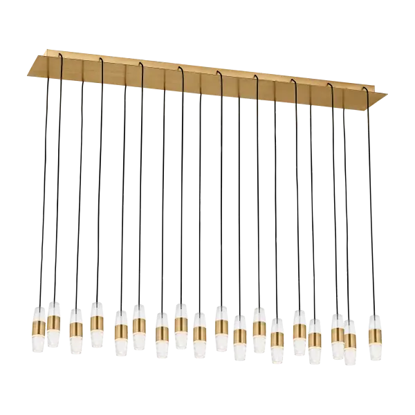 The Lassell 18-light chandelier combines minimalist design with luxurious materials. Featuring laser-etched crystal tubes and delicate natural brass arms, this oversized fixture creates a stunning focal point in contemporary spaces.