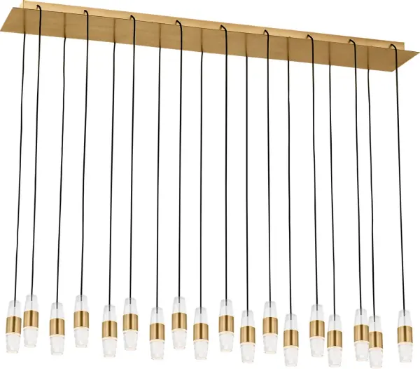 The Lassell 18-light chandelier combines minimalist design with luxurious materials. Featuring laser-etched crystal tubes and delicate natural brass arms, this oversized fixture creates a stunning focal point in contemporary spaces. - alternate view