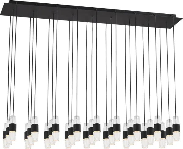 The Lassell 27-light chandelier combines minimalist design with luxurious materials. Featuring laser-etched crystal tubes and natural brass arms radiating from a central hub, this oversized fixture delivers dramatic impact in modern spaces.
