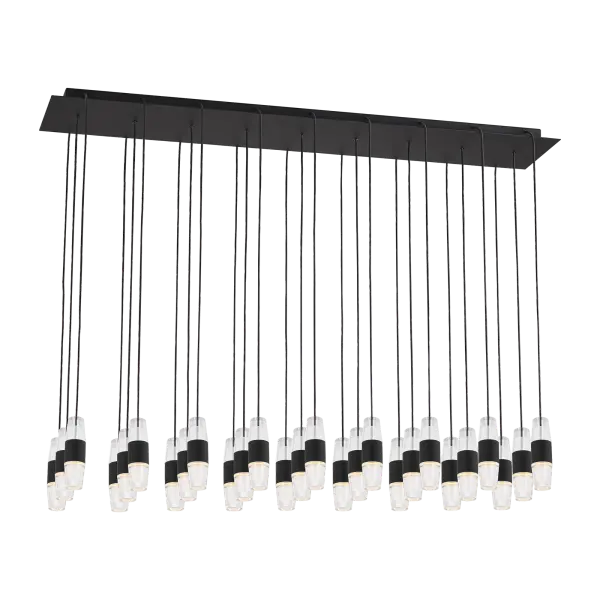 The Lassell 27-light chandelier combines minimalist design with luxurious materials. Featuring laser-etched crystal tubes and natural brass arms radiating from a central hub, this oversized fixture delivers dramatic impact in modern spaces. - alternate view