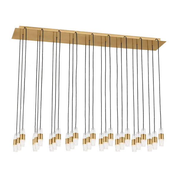The Lassell 27-light chandelier combines minimalist design with luxurious materials. Featuring laser-etched crystal tubes and delicate natural brass arms radiating from a central hub, this oversized fixture delivers dramatic impact in modern spaces.