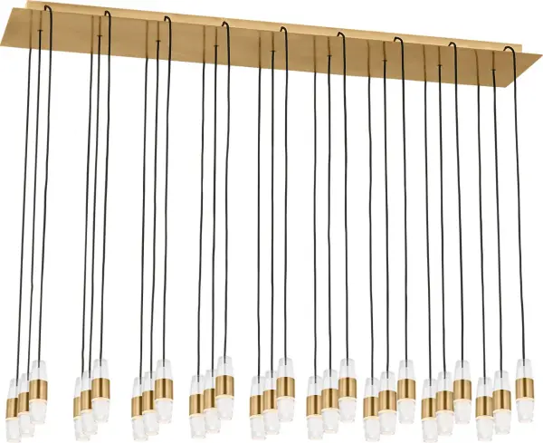 The Lassell 27-light chandelier combines minimalist design with luxurious materials. Featuring laser-etched crystal tubes and delicate natural brass arms radiating from a central hub, this oversized fixture delivers dramatic impact in modern spaces. - alternate view