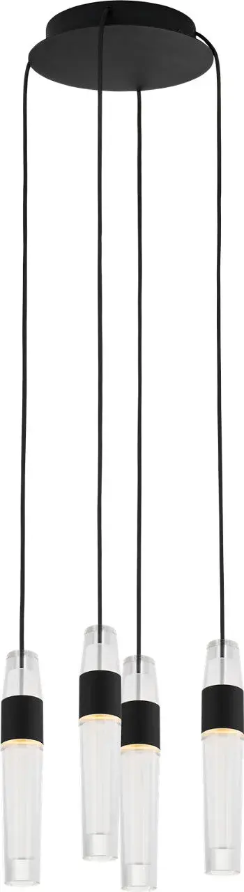 The Lassell 4-light chandelier combines minimalist design with luxurious materials. Laser-etched crystal tubes and natural brass arms create a stunning focal point perfect for contemporary dining rooms and commercial spaces. - alternate view