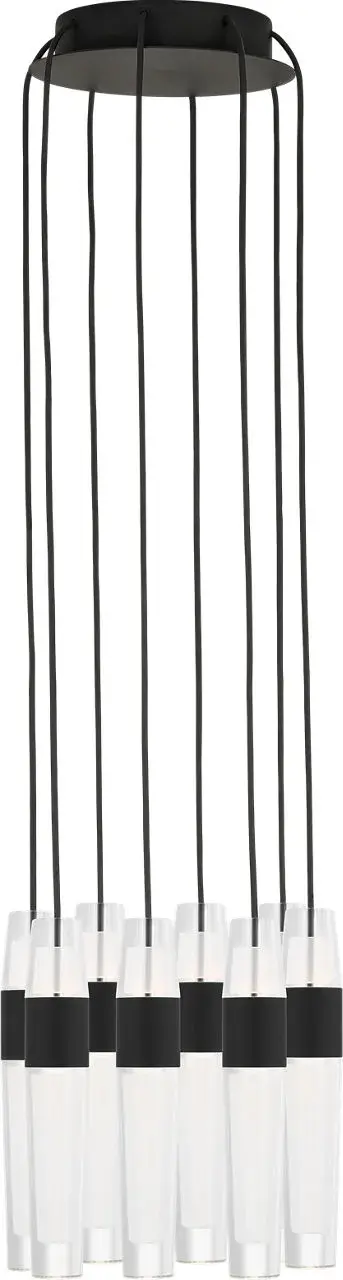 The Lassell 8-light chandelier combines minimalist design with luxurious materials. Laser-etched crystal tubes and natural brass arms create a stunning focal point perfect for contemporary spaces. Quick-connect installation and field-adjustable cables offer exceptional versatility. - alternate view