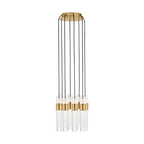 The Lassell 8-light chandelier combines minimalist design with luxurious materials. Laser-etched crystal tubes and natural brass arms create a stunning focal point perfect for contemporary spaces. Quick-connect installation and adjustable cable simplify setup. - alternate view