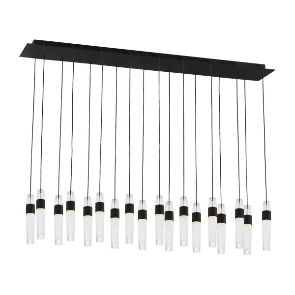 The Lassell 18-light chandelier combines minimalist design with luxurious materials. Featuring laser-etched crystal tubes and natural brass arms radiating from a central hub, this oversized fixture delivers dramatic impact in modern spaces. - alternate view