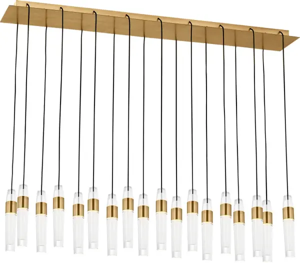 The Lassell 18-light chandelier combines minimalist design with luxurious materials. Featuring delicate natural brass arms radiating from a central hub to laser-etched crystal tubes, this oversized fixture creates a stunning focal point in contemporary spaces.
