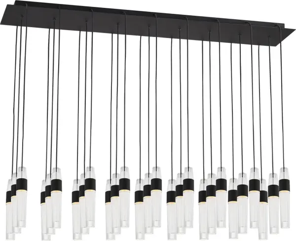 The Lassell 27-light chandelier combines minimalist design with luxurious materials. Featuring laser-etched crystal tubes and natural brass arms radiating from a central hub, this oversized fixture delivers dramatic impact in modern spaces.