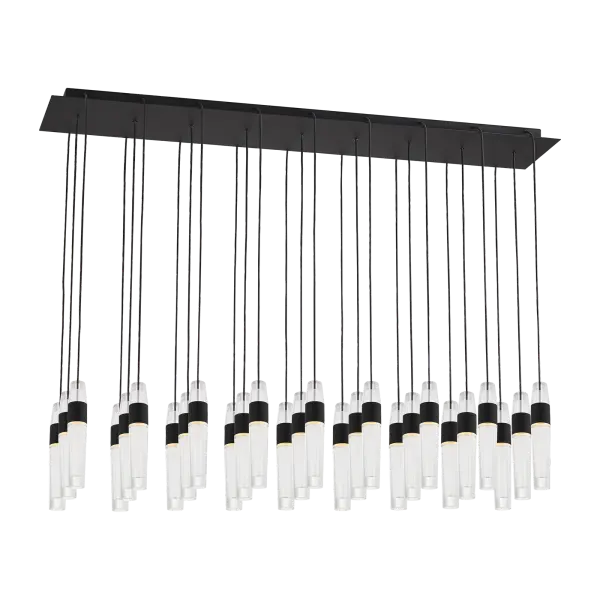 The Lassell 27-light chandelier combines minimalist design with luxurious materials. Featuring laser-etched crystal tubes and natural brass arms radiating from a central hub, this oversized fixture delivers dramatic impact in modern spaces. - alternate view