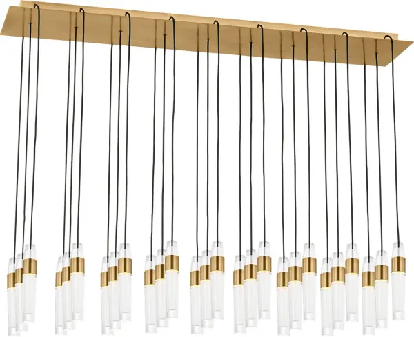 The Lassell 27-Light Chandelier combines minimalist design with luxurious materials. Featuring blown glass crystal tubes and natural brass arms radiating from a central hub, this oversized fixture delivers dramatic impact in modern spaces.