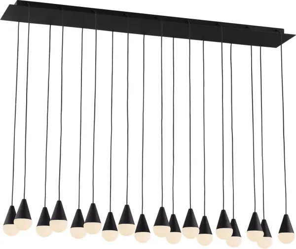 The Cupola chandelier makes a bold architectural statement with 18 lights arranged in a striking geometric form. Natural alabaster shades provide warm, diffused illumination while the Nightshade Black finish adds contemporary sophistication.