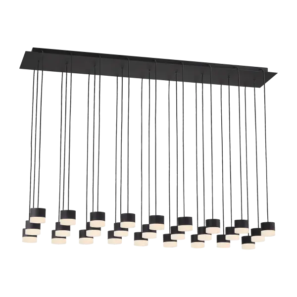 The Gable chandelier commands attention with 27 alabaster shades arranged in a striking contemporary silhouette. Finished in sophisticated Nightshade Black with 3000K warm LED lighting and 90 CRI, it delivers museum-quality illumination for grand spaces.