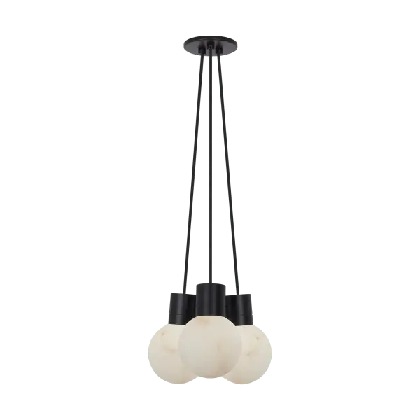 The Mina combines contemporary black metalwork with warm alabaster shades, creating an intimate lighting solution perfect for smaller dining spaces and cozy rooms. Its three-light configuration provides balanced illumination.