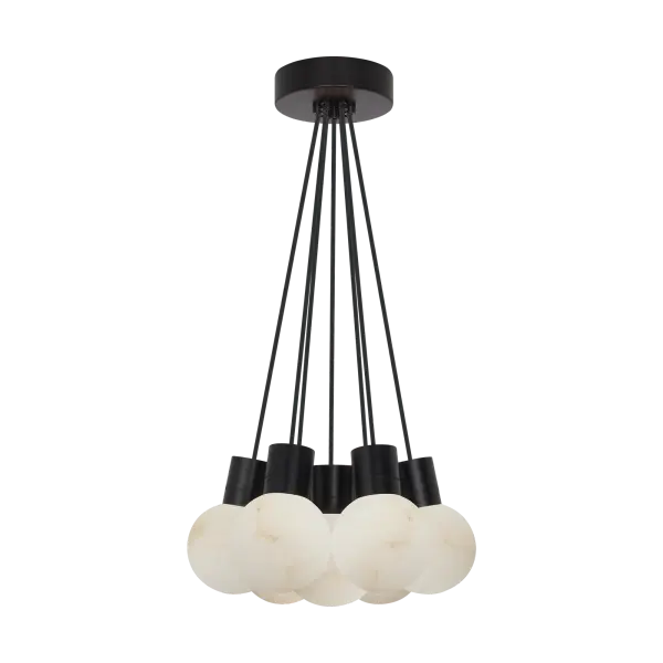 The Mina chandelier combines natural alabaster with a refined black finish, creating a sophisticated focal point. Its 7-light configuration provides ample illumination while the organic alabaster adds warmth and texture.