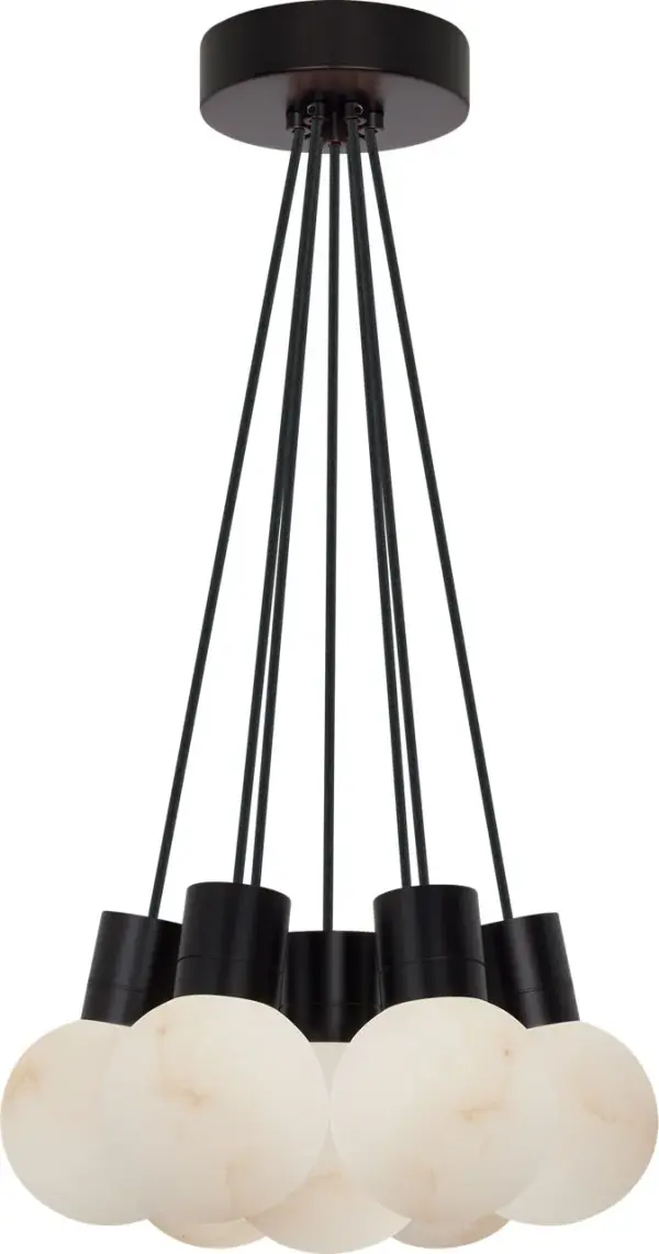 The Mina chandelier combines natural alabaster beauty with modern LED technology, featuring 7 lights and warm dimming from 3000K to 2200K. Its compact size and black cord create sophisticated contrast perfect for intimate spaces.