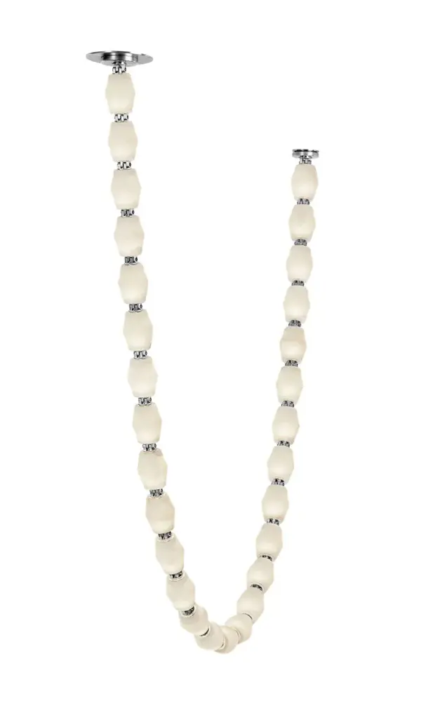 The Collier 84" chandelier makes a stunning statement with its expansive linear design, natural alabaster diffusers, and polished nickel finish. Perfect for large dining tables, kitchen islands, or grand spaces requiring dramatic illumination. - alternate view