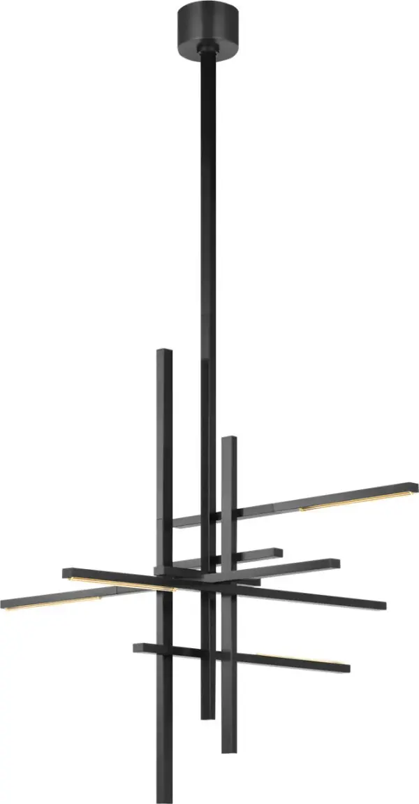The Cityscape Large Chandelier combines geometric sophistication with sparkling clear crystal elements in a warm bronze finish. Its substantial presence and high-quality LED lighting make it perfect for grand spaces.