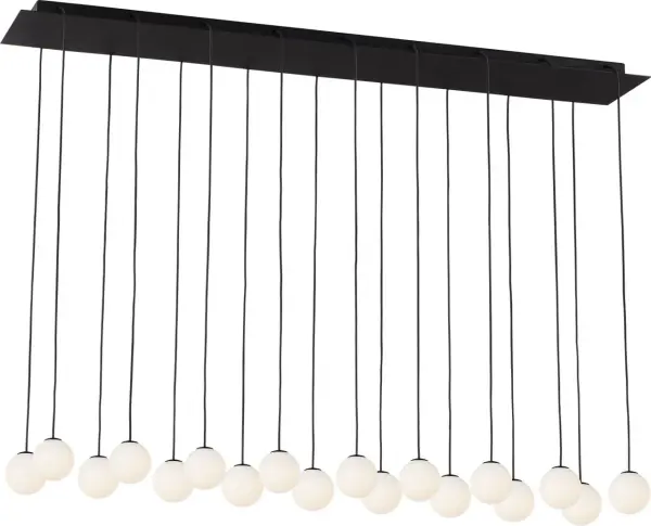 The Orbet 18-Light Chandelier by Sean Lavin features perfectly stacked milk glass orbs inspired by classic pearls. LED illumination provides soft, diffused light while thin metal bands accent each orb for modern sophistication.