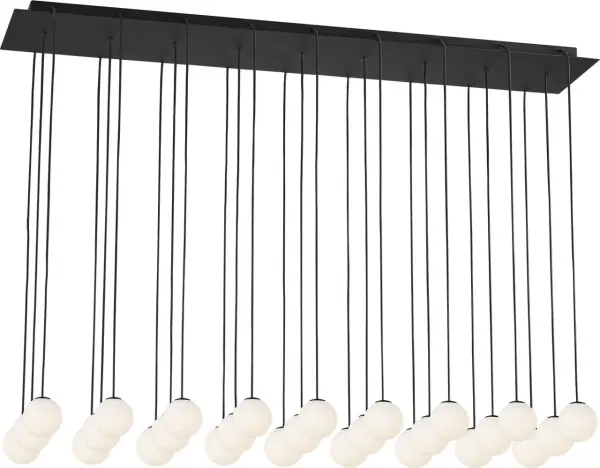 The Orbet chandelier makes a bold architectural statement with 27 integrated LED lights in sophisticated Nightshade Black. High CRI 90 ensures exceptional color rendering, while 2700K warm white creates inviting ambiance for grand spaces.
