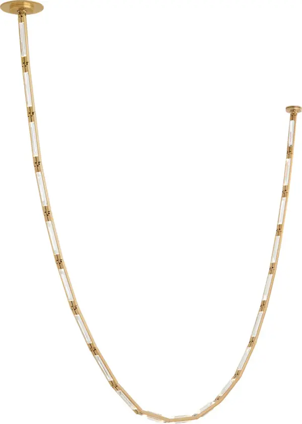 The Catena 103 is a dramatic linear chandelier featuring multiple glass globes suspended from a hand-rubbed antique brass frame. Its substantial 103-inch length makes it perfect for grand dining rooms and expansive spaces. - alternate view