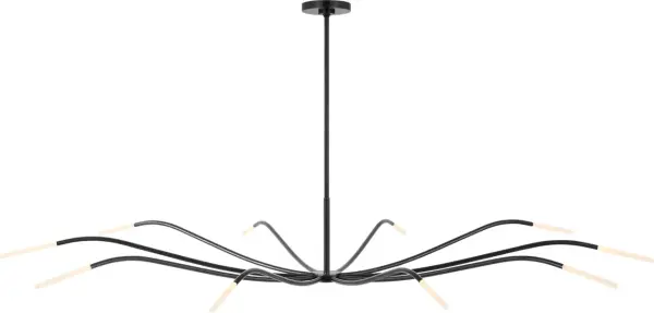 The Lajos 67" Chandelier by Sean Lavin combines disciplined minimalism with technical innovation. Elongated arms support etched crystal cylinders powered by fiber optics for even light diffusion. Its grand scale balances lightness with presence.