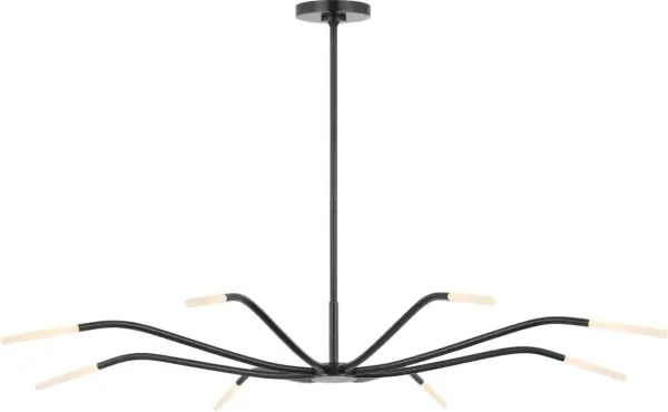 The Lajos 50" Chandelier combines disciplined minimalism with innovative fiber optic technology. Elongated arms support etched crystal cylinders that diffuse light evenly, creating a refined statement piece for dining and living spaces.